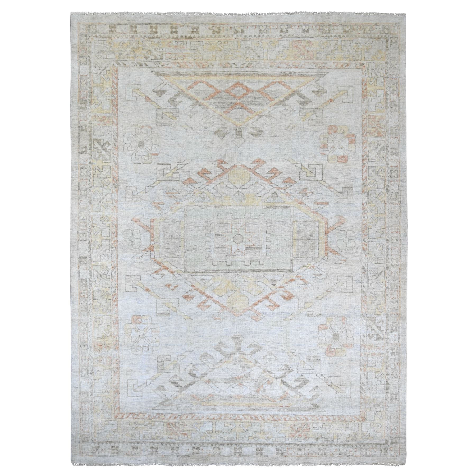 Silver Gray, Turkish Oushak with Geometric Design, High Mountain Ghazni Wool, Hand Knotted, Oriental Rug